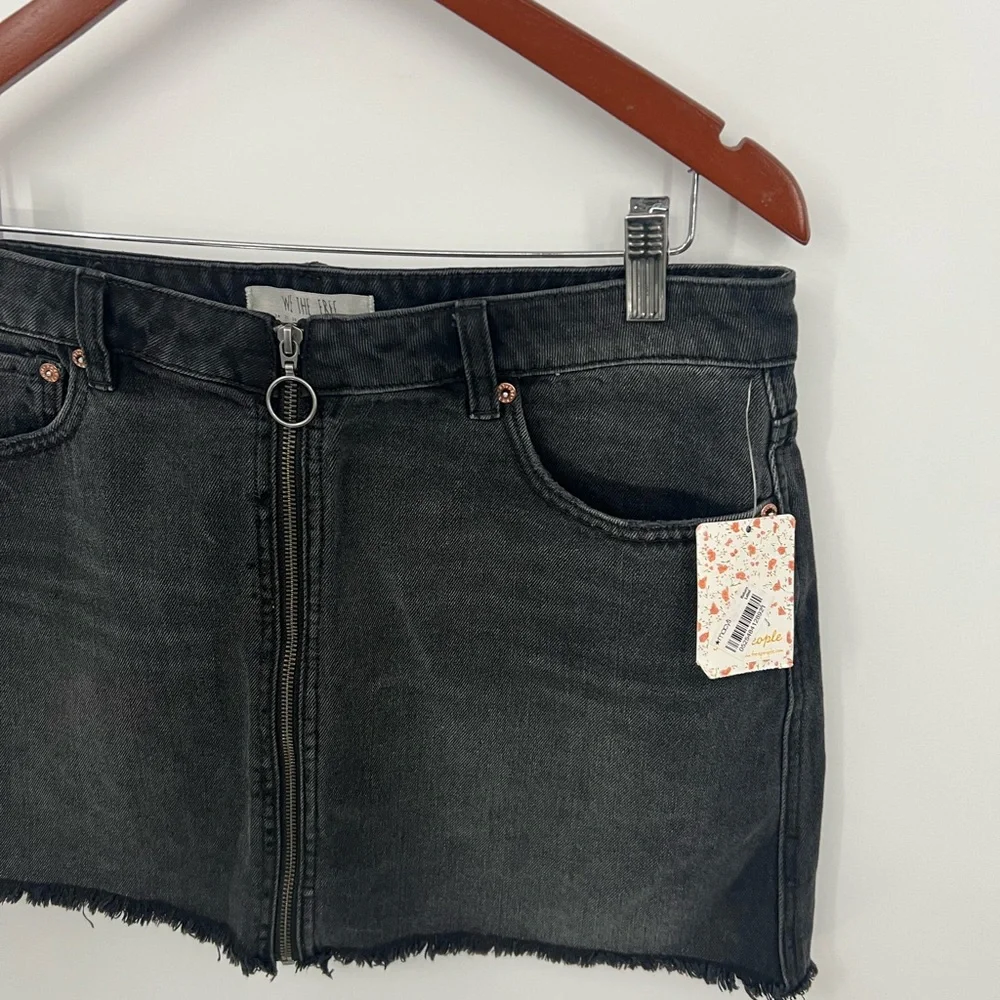 Free People black zip front denim mini skirt